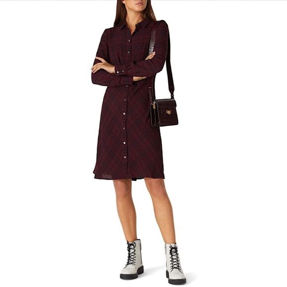 THAKOON COLLECTIVE | Plaid Burgundy & Navy Blue Crepe Shirt Dress Women’s Size 0 - Picture 1 of 14